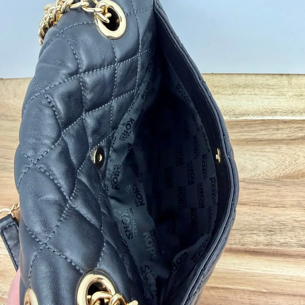 Michael Kors Sloan Quilted Leather Shoulder Bag Black Gold Chain Flap
